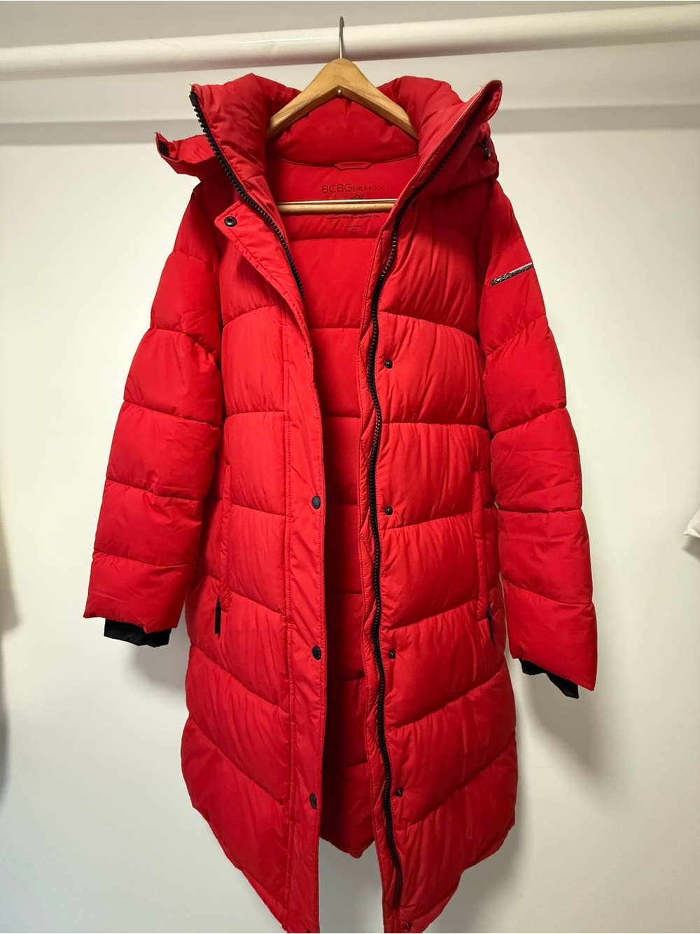 BCBGeneration Red Long Hooded Puffer Coat